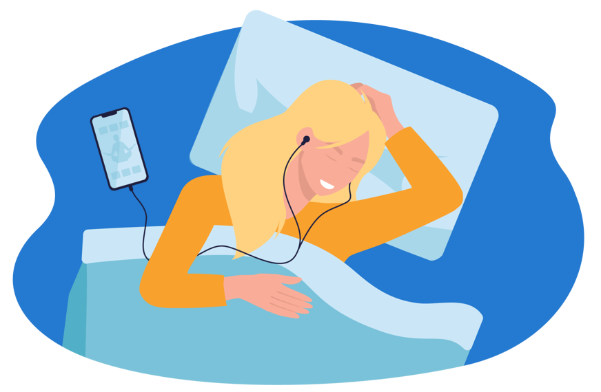 Desenho de uma mulher deitada na cama, meditando com fones de ouvido.